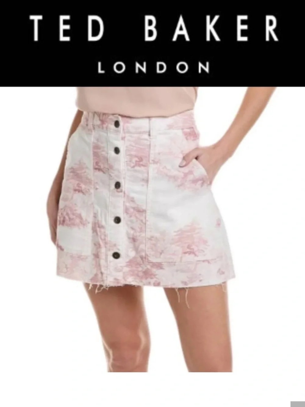 Ted Baker London White and Light Pink Toile Button-Front Mini Skirt